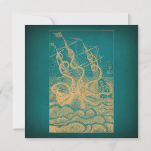 Tarjeta Octopus gigante atacando barco Verde azulado antig