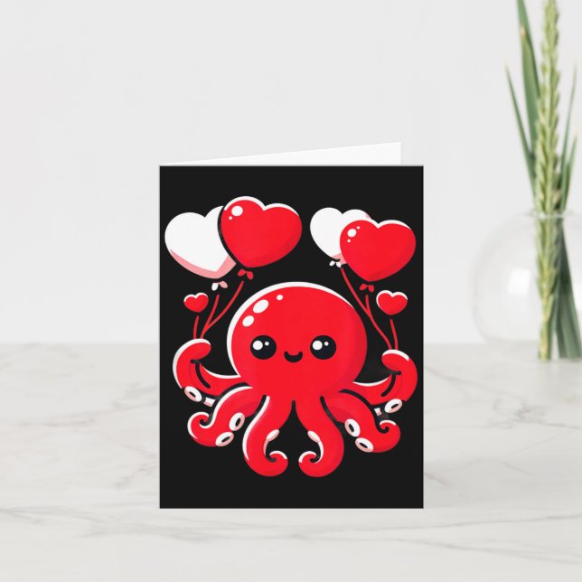 Tarjeta Octopus With Heart Balloons Adorable Valentines Da (Anverso)