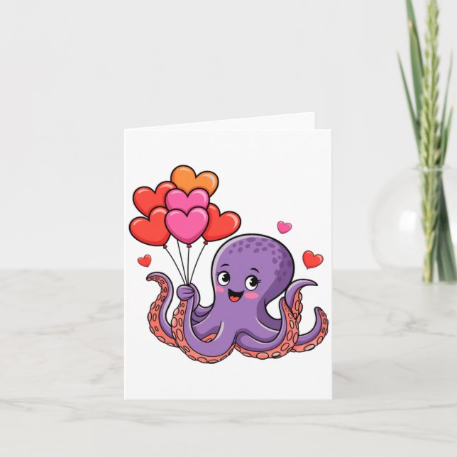 Tarjeta Octopus With Heart Lloons Valentine Day  (Anverso)