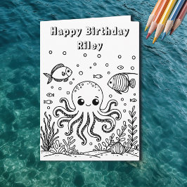 Tarjeta Octopus y peces | Página de Colores de Cumpleaños