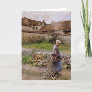 Tarjeta Octubre con una mujer en su jardín