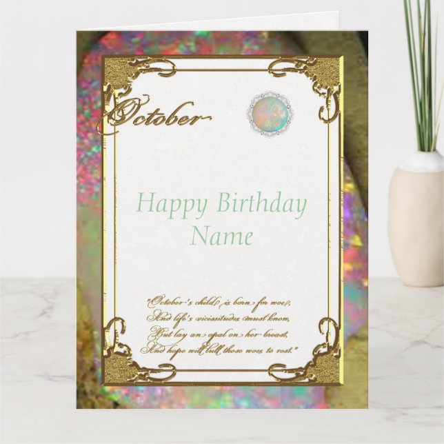 Tarjeta Octubre Opal Birthstone Cumpleaños 8.5 x 11 (Anverso)