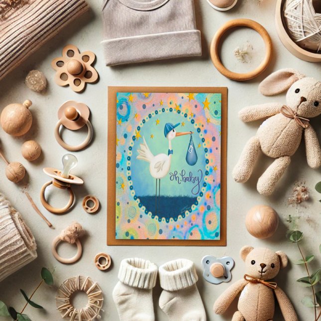 Tarjeta Oh Baby Boy Stork Whimsical Cute Blue (Subido por el creador)