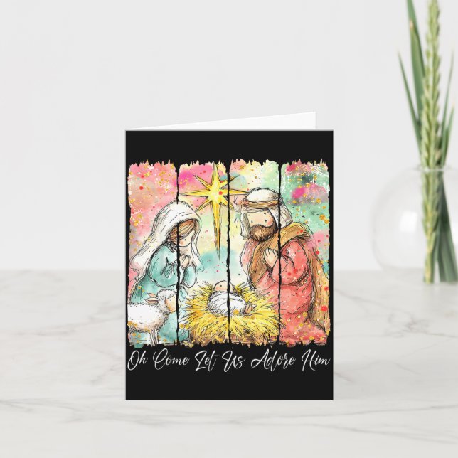 Tarjeta Oh Come Let Us Adore Him Nativity Scene Christian  (Anverso)