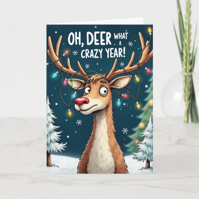 Tarjeta Oh Deer What a Crazy Year Funny Reindeer Card (Anverso)
