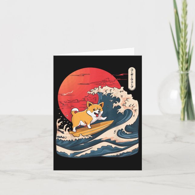 Tarjeta Ola japonesa de surf Corgi Surfing (Anverso)