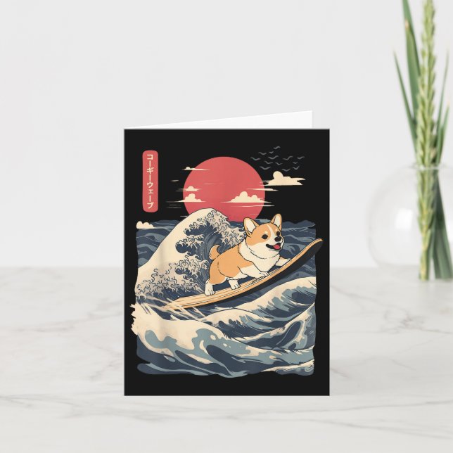 Tarjeta Ola japonesa de surf Corgi Surfing (Anverso)