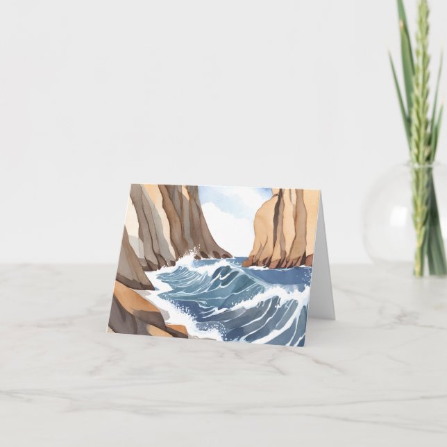 Tarjeta Olas del océano chocando | Acuarela de playa coste (Anverso)