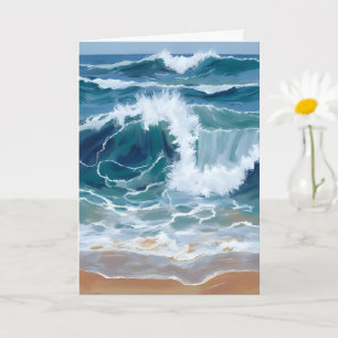 Tarjeta Olas del Océano Rompiendo Acuarela Azul Costera