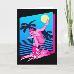 Tarjeta Olas Sintetizador Atardecer Palmeras Surfing Arte