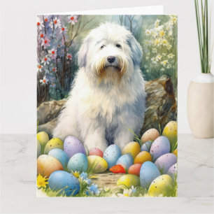 Tarjeta Old English Sheepdog con huevos de Pascua festivos