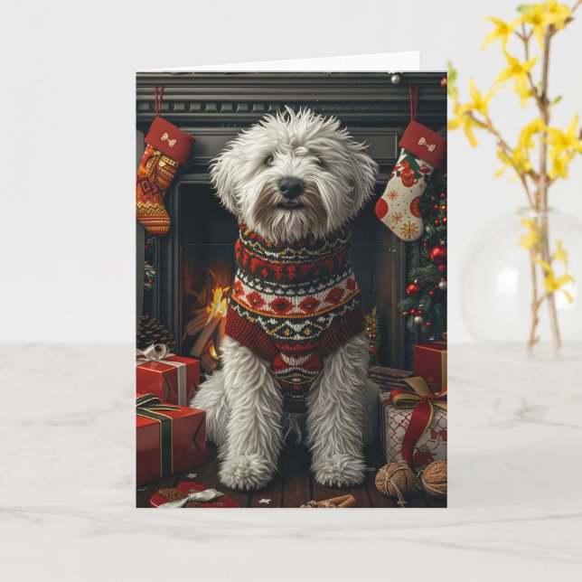 Tarjeta Old English Sheepdog Con Regalo De Navidad Chimene (flor amarilla)