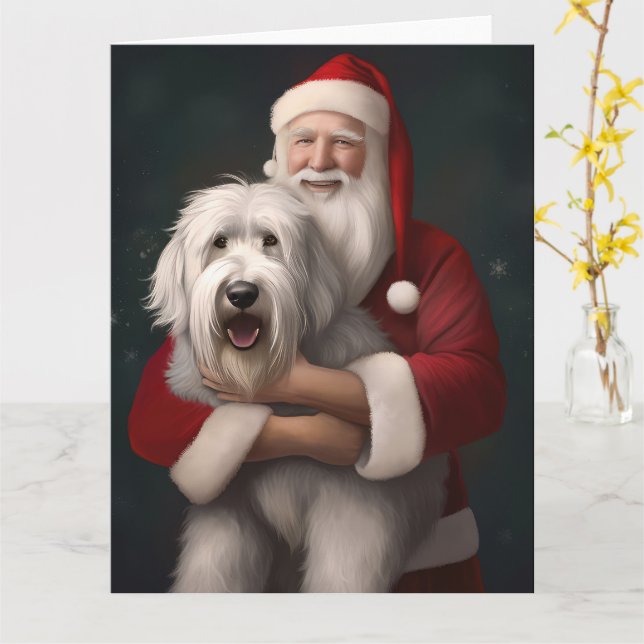 Tarjeta Old English Sheepdog con Santa Claus Festivo (flor amarilla)