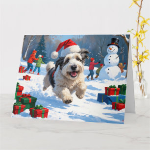 Tarjeta Old English Sheepdog corriendo en nieve con sombre