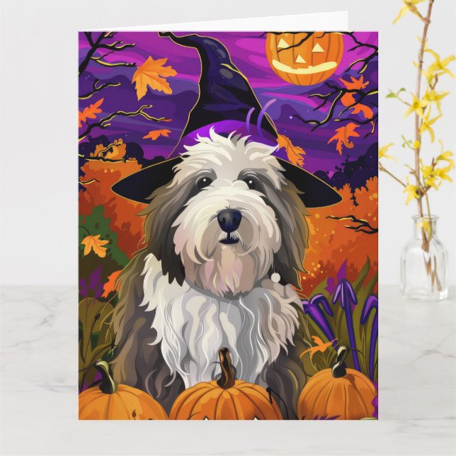 Tarjeta Old English Sheepdog Halloween Bruja Calabaza (flor amarilla)