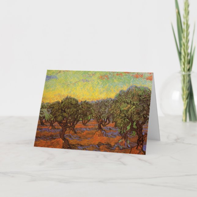 Tarjeta Olive Grove, cielo Naranja por Vincent van Gogh (Anverso)