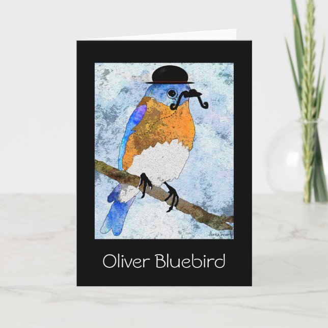 Tarjeta Oliver Bluebird con bigote, carta de saludo de bow (Anverso)
