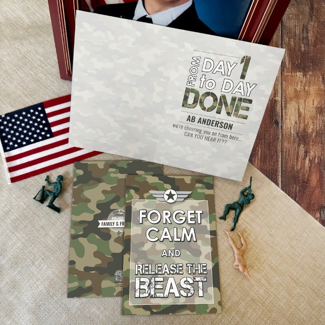 Tarjeta Olvidar Calma Divertido Camuflaje Militar Entrenam (Funny Military Camo basic training boot camp encouragement card, forget calm release the beast)