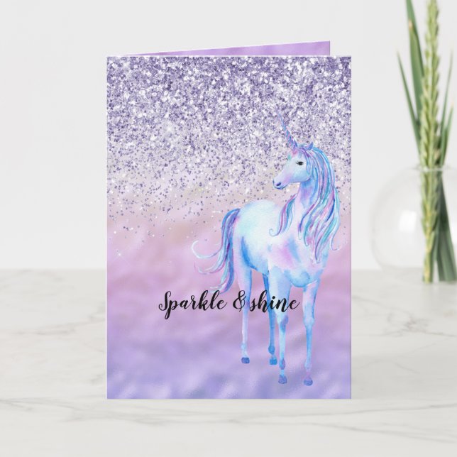 Tarjeta Ombre púrpura Purpurina Unicorn (Anverso)