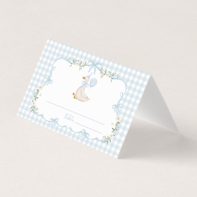 Tarjeta One Silly Goose Blue Bow Birthday Place Cards (Anverso)