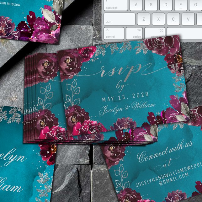 Tarjeta online Aqua Verde azulada Merlot Jewel Ton (Aqua Teal Merlot Jewel Tone Wedding RSVP Online Enclosure Card
)