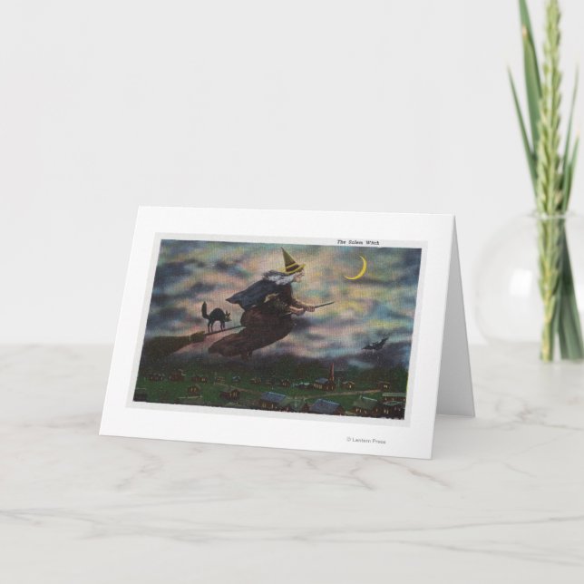 Tarjeta Opinión la bruja de Salem en su escoba (Anverso)