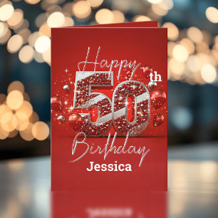 Tarjeta Opulento Shimmering rojo y plateado 50 cumpleaños