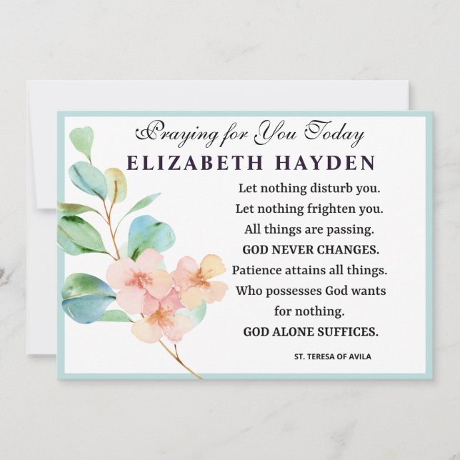 Tarjeta Oración católica floral de Santa Teresa (Anverso)