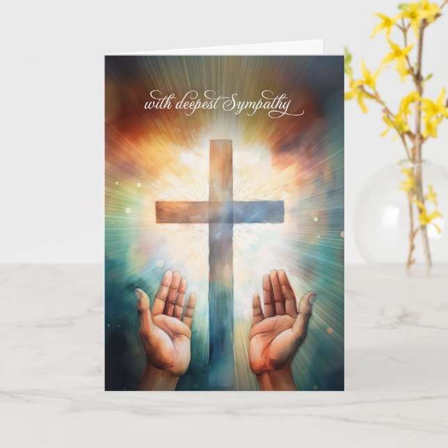 Tarjeta Oración de simpatía manos abiertas a Dios con cruz (flor amarilla)