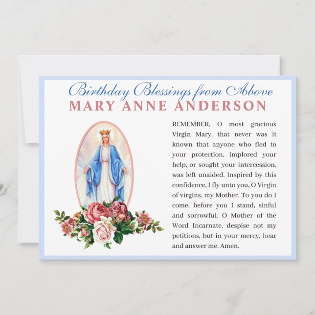 Tarjeta Oración religiosa católica Memorare Virgen María (Anverso)