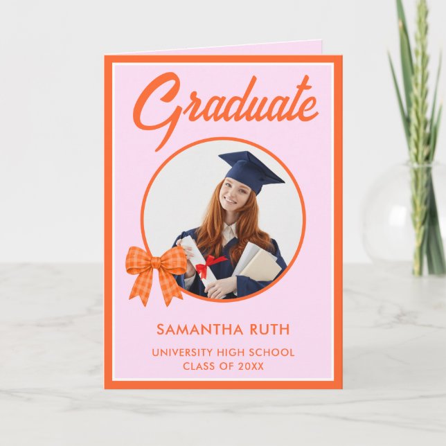 Tarjeta Orange Gingham Bow Photo Graduation  (Anverso)