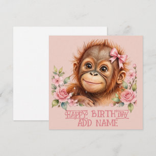 Tarjeta Orangután hembra: lazo y flores pastel de animalit