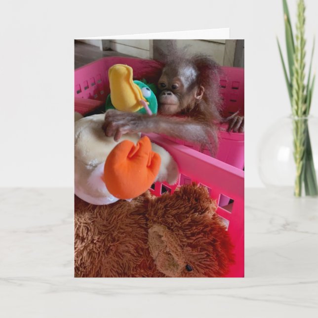 Tarjeta Orangutan toma juguetes de bebé feliz cumpleaños (Anverso)
