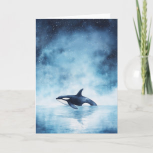 Tarjeta Orca nadando a través de un océano estrellado
