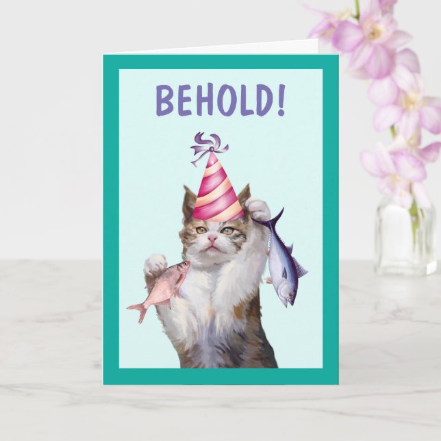 Tarjeta Orgulloso cumpleaños de gato emocionado (Orquídea)