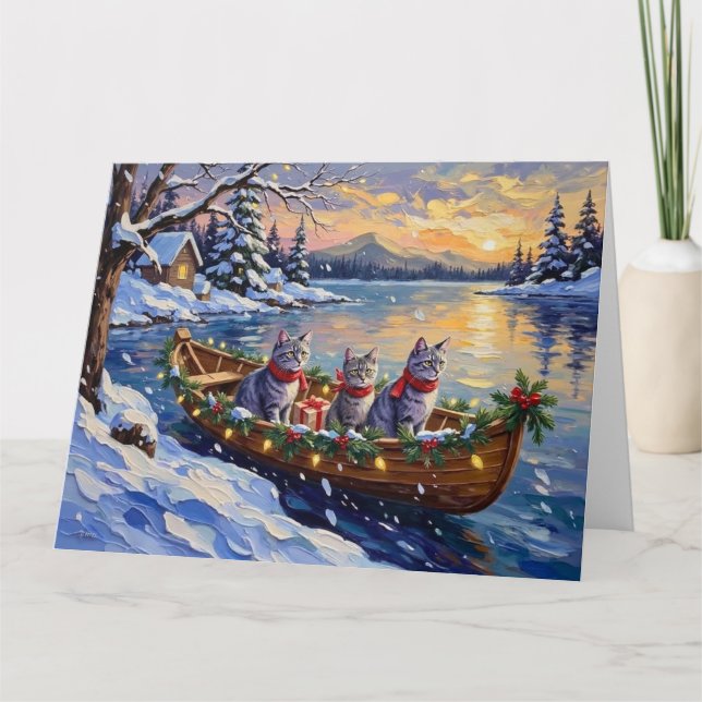 Tarjeta Oriental Blue Cat Christmas Boat Holiday (Anverso)
