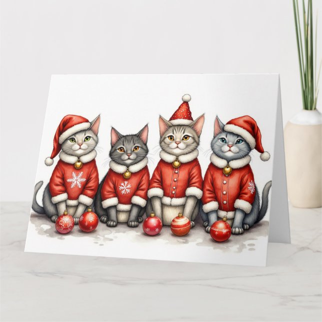 Tarjeta Oriental Blue Cat Christmas Dress Santa Hat (Anverso)