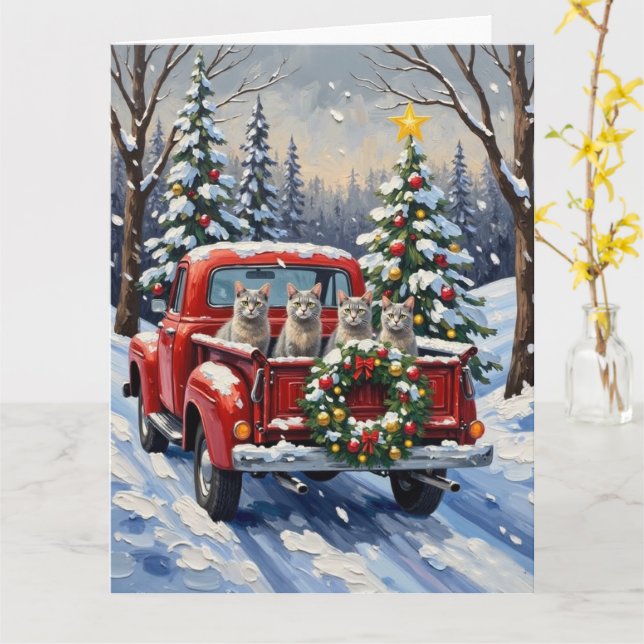 Tarjeta Oriental Blue Cat Christmas Red Truck Holiday (flor amarilla)
