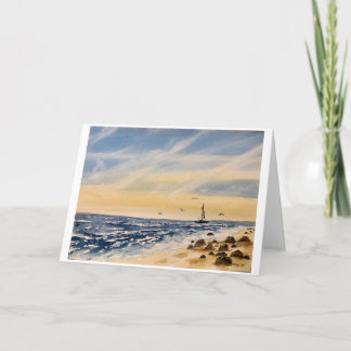 Tarjeta original de playa y arte en blanco con pie