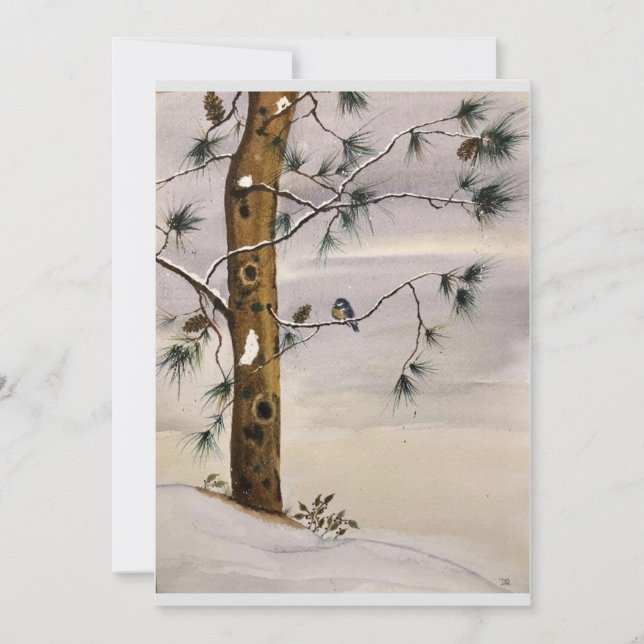 Tarjeta original Pine and Bird in Snow Art on Blan (Anverso)