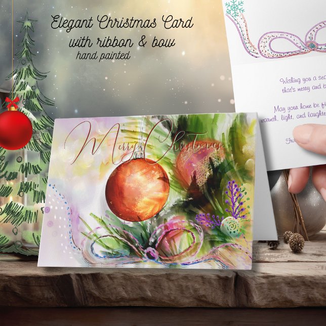 Tarjeta Ornamento acuarela y Navidades de cinta festiva (Watercolor Ornament and Festive Ribbon Christmas Card)