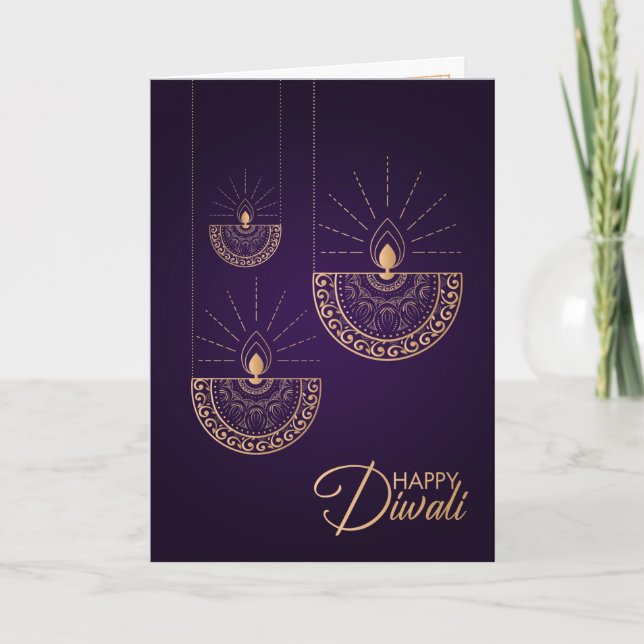 Tarjeta Ornamento de oro morado y Rosa Feliz Diwali (Anverso)