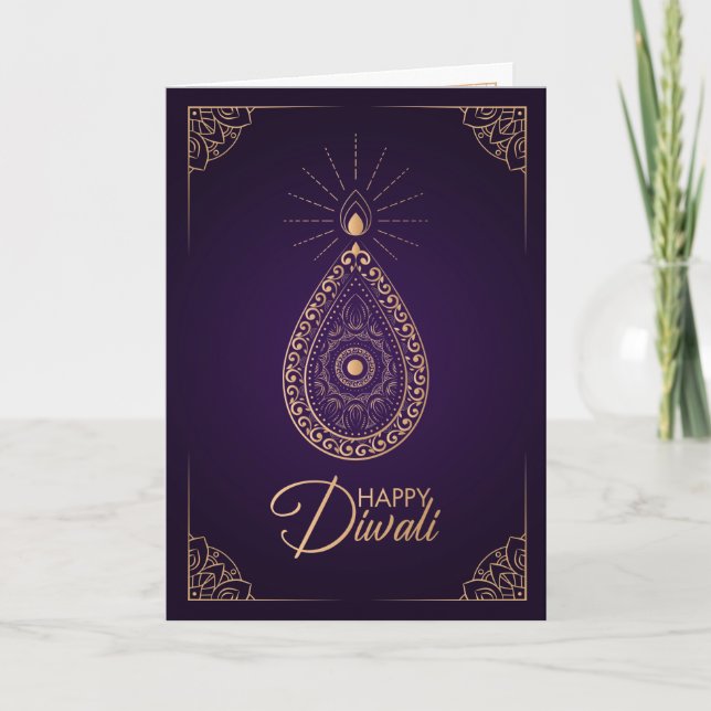 Tarjeta Ornamento de oro morado y Rosa Feliz Diwali (Anverso)