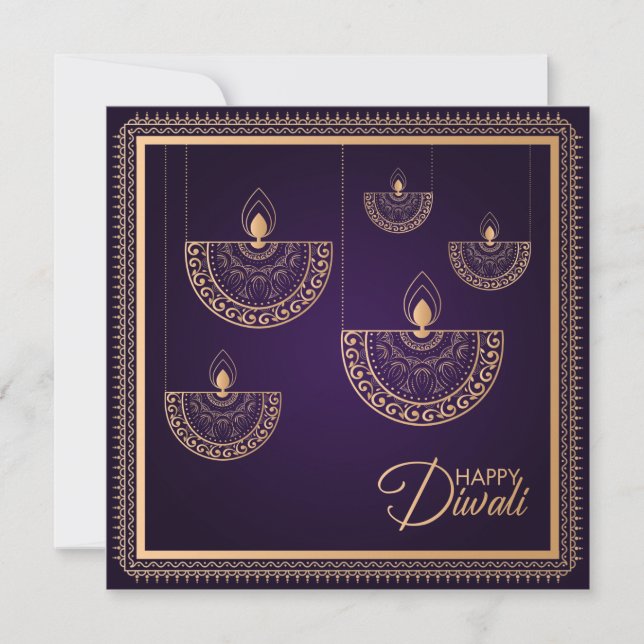 Tarjeta Ornamento de oro morado y Rosa Feliz Diwali (Anverso)