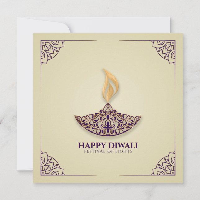 Tarjeta Ornamento morado y dorado Feliz Diwali (Anverso)