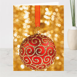 Tarjeta Ornamento navideño rojo con luces Twinkle de oro