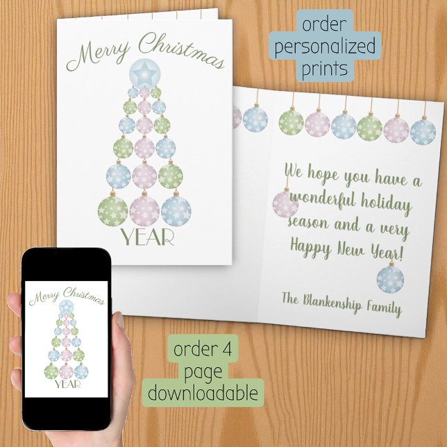 Tarjeta Ornamentos de árbol de navidad de pastel divertido (Christmas card template printed and as a download)