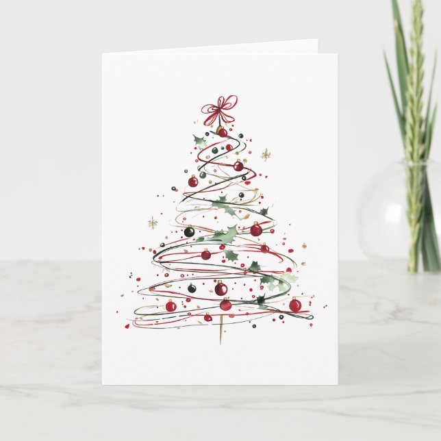 Tarjeta Ornamentos festivos de árbol de Navidad espiral y  (Anverso)