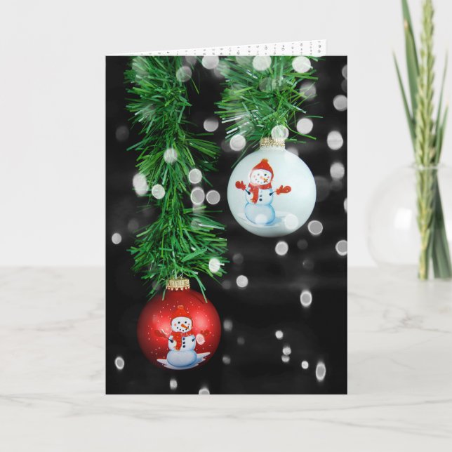 Tarjeta Ornamentos navideños de Snowman con guirnaldas (Anverso)
