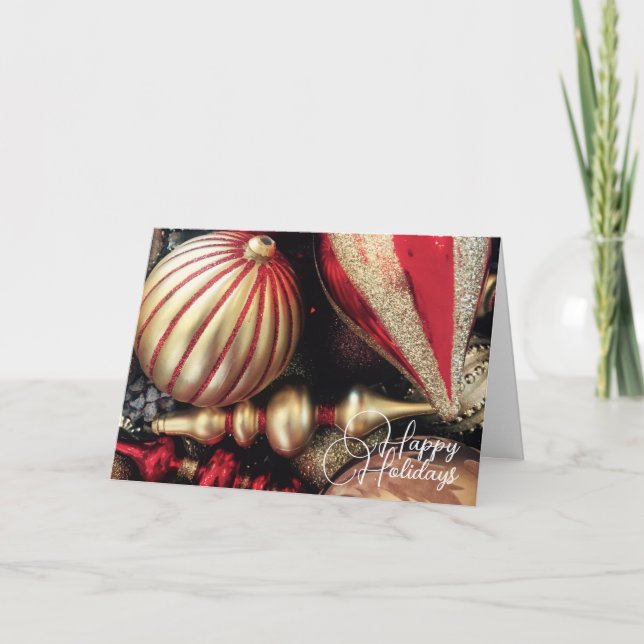 Tarjeta Ornamentos navideños rojos y dorados (Anverso)